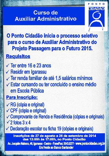 Ponto Cidadão abre vagas para curso de Auxiliar Administrativo 